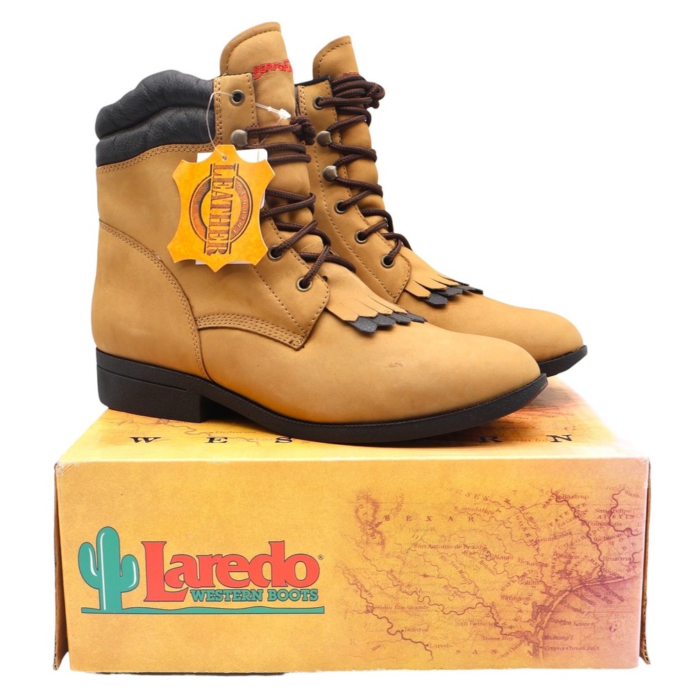 Laredo Western Kiltie Boots Womens 10 Tan Leather Lace Up Fringe 551 New In Box